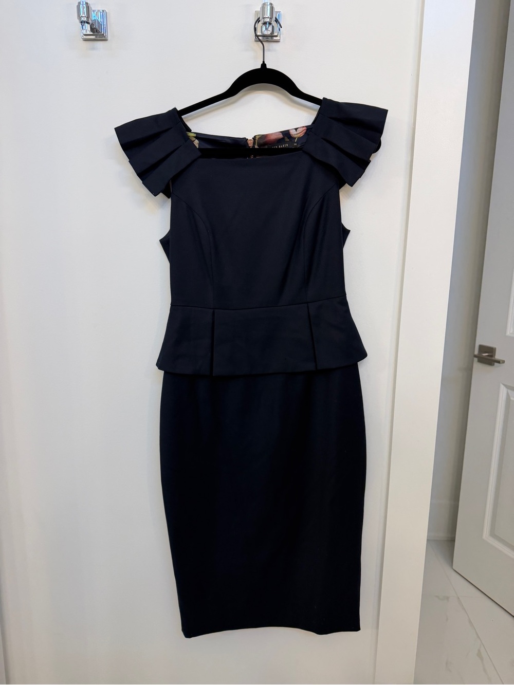 Ted Baker Navy Pleated Shoulder Peplum Midi Dress